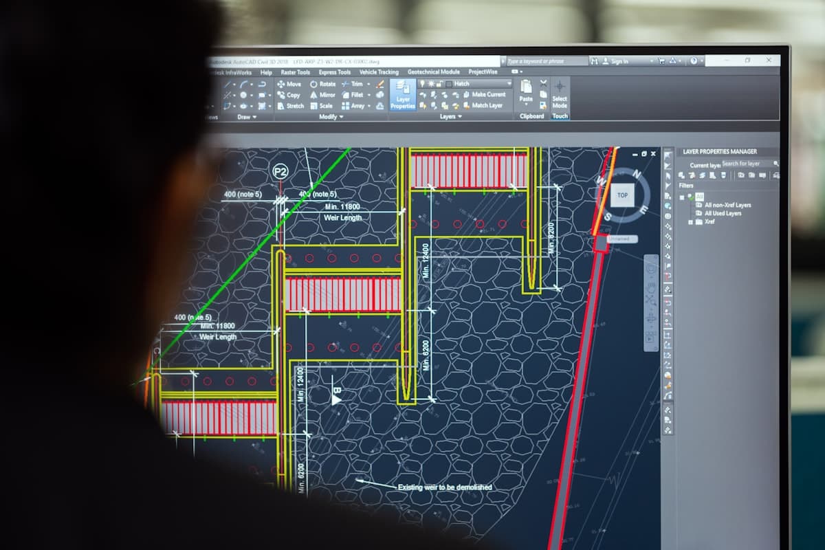 Engineer reviewing detailed AutoCAD engineering blueprints and technical drawings on a monitor