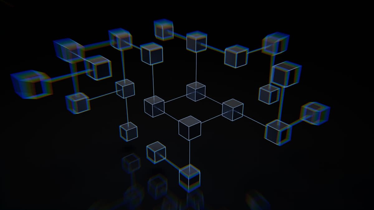 Abstract visualization of interconnected network nodes and data pathways on a dark background