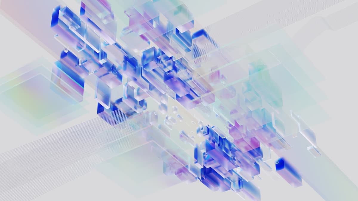 Abstract blue and purple crystalline geometric shapes flowing diagonally, representing AI data processing