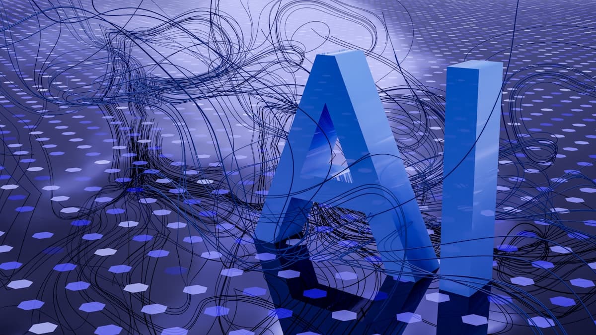 3D render of blue AI letters surrounded by neural network wires and hexagonal nodes
